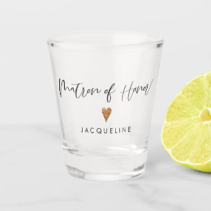 Modern Script Matron of Honour Rose Gold Heart Nam Shot Glass