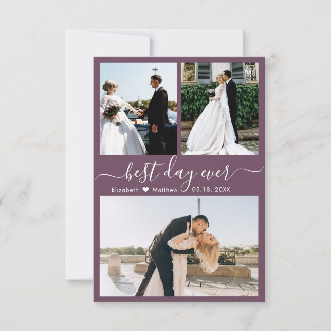 Modern Script Mauve 3 Photo Collage Wedding Thank You Card (Front)
