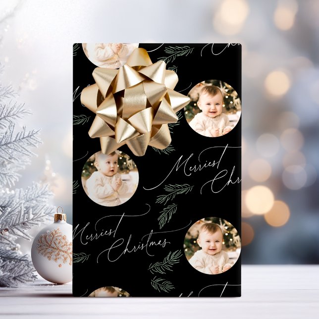 Modern Script Merriest Christmas Family 2 photo Wrapping Paper (Modern Script Merriest Christmas Family 2 photo Wrapping Paper)