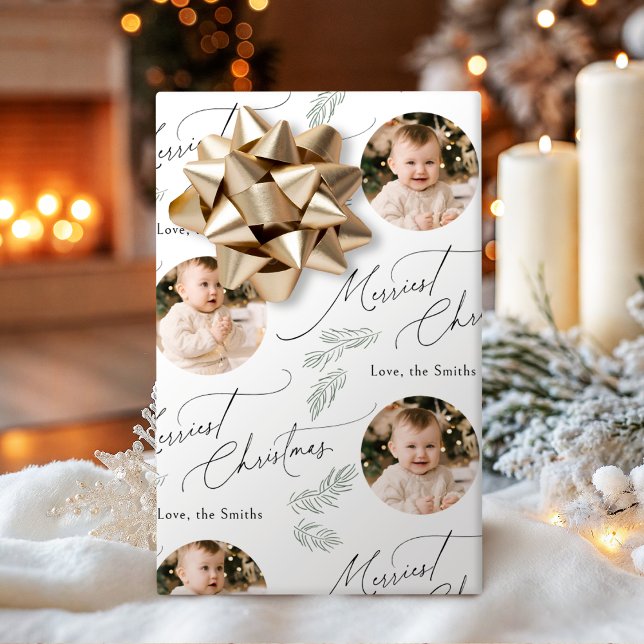 Modern Script Merriest Christmas Family 2 photo Wrapping Paper (Modern Script Merriest Christmas Family 2 photo Wrapping Paper)