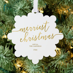 Modern Script "Merriest Christmas" Holiday Photo  Tree Decoration Card