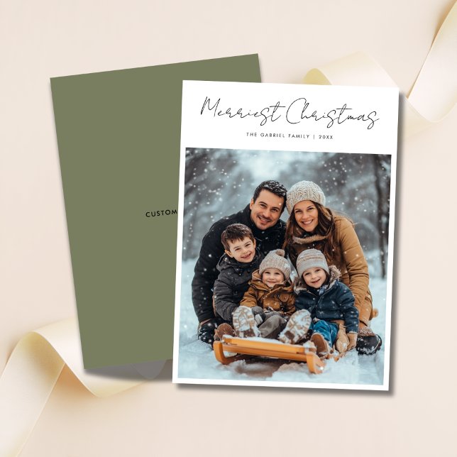 Modern Script Merriest Christmas Olive Green Photo Holiday Card (Creator Uploaded)