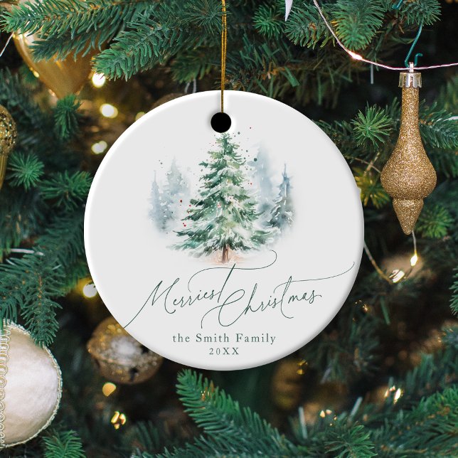 Modern Script Merriest Christmas Pine Tree Ceramic Tree Decoration (Modern Script Merriest Christmas Pine Tree Ceramic Ornament)