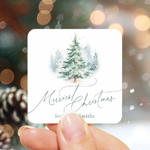 Modern Script Merriest Christmas Pine Tree Square Sticker