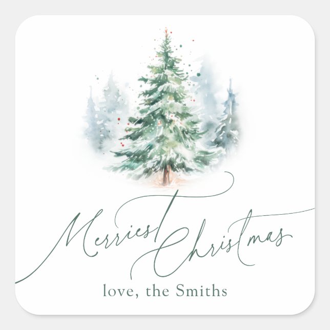 Modern Script Merriest Christmas Pine Tree Square Sticker (Front)