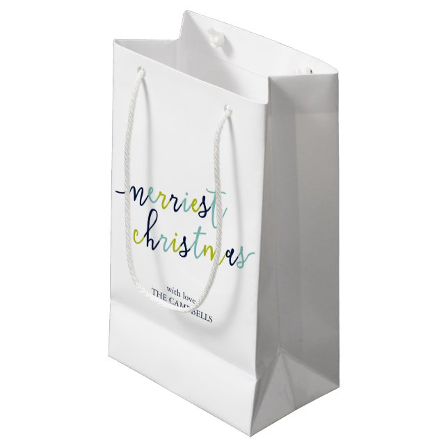 Modern Script "Merriest Christmas" Small Gift Bag (Front Angled)
