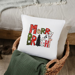 Modern Script Merry And Bright Colourful Christmas Cushion