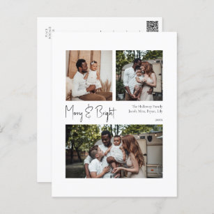 Modern Script Merry & Bright Centred Three-Photo Holiday Postcard