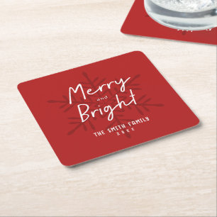Modern Script Merry & Bright Snowflakes Christmas Square Paper Coaster