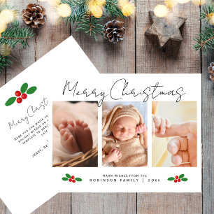 Modern Script Merry Christmas 3 Photo Collage Holiday Card