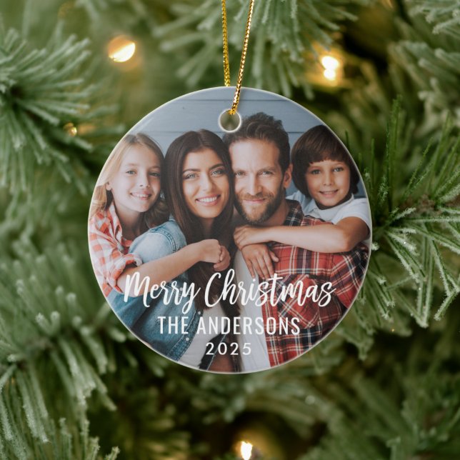 Modern Script Merry Christmas Family Photo Ceramic Tree Decoration (Tree)