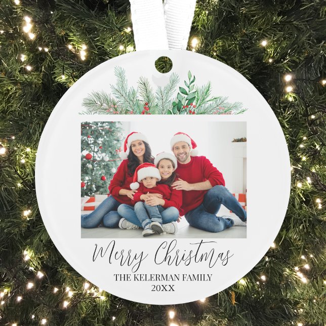 Modern Script Merry Christmas Family Photo Ornament (Merry Christmas Create Your Own Family Photo Ornament)