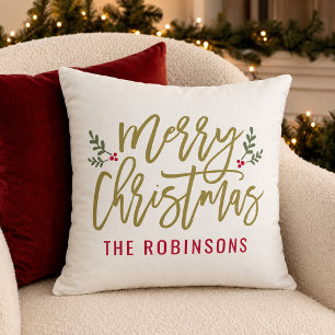 Modern Script Merry Christmas Gold Monogram Cushion
