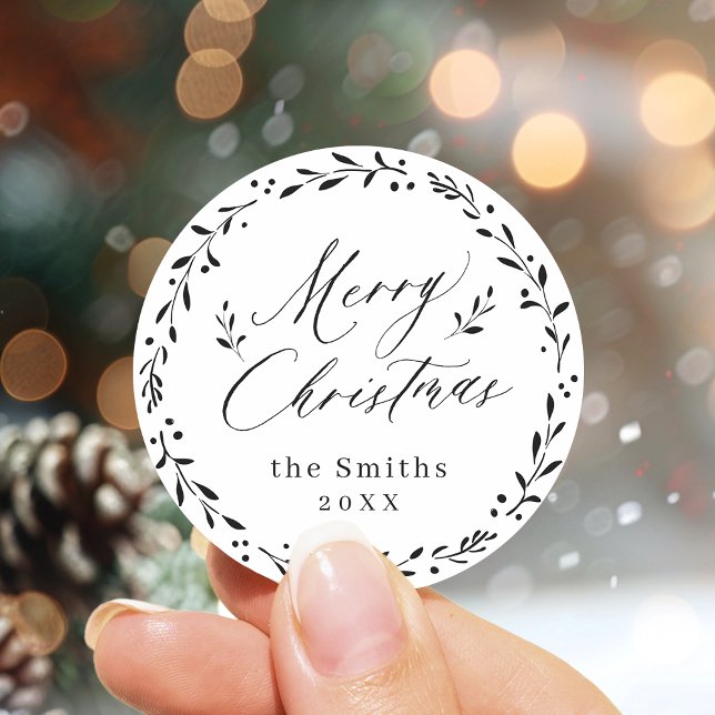 Modern script Merry Christmas Holiday Gift Classic Round Sticker (Modern script Merry Christmas Holiday Gift Classic Round Sticker)