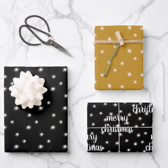 Modern Script MERRY CHRISTMAS Lights Black Gold Wrapping Paper Sheet (Front)