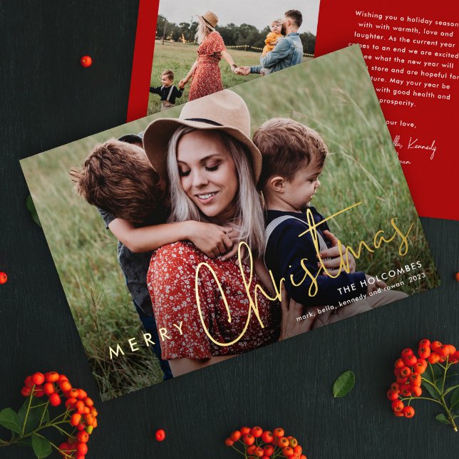Modern Script Merry Christmas Photo  (Simple modern photo holiday card with gold foil script greeting overlay and red backer.)