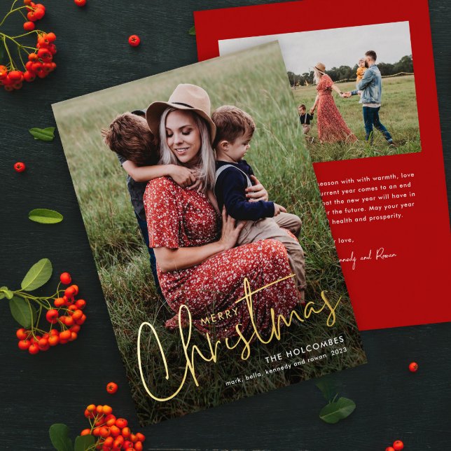 Modern Script Merry Christmas Photo  (Simple modern photo christmas card with gold foil script greeting overlay and red backer.)