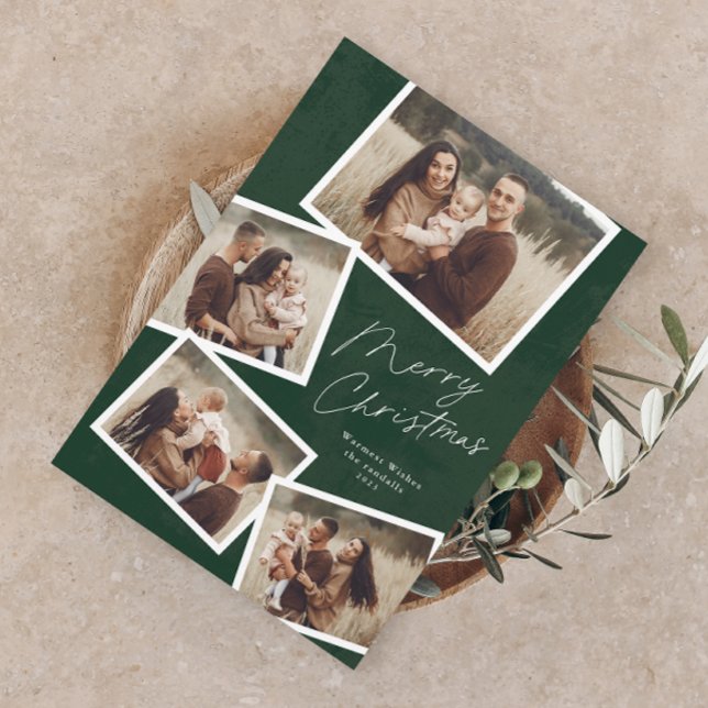 Modern Script Merry Christmas Photo Collage  (Modern Script 4 Photo Collage Christmas Holiday Magnetic Card)