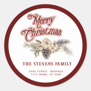 Modern script Merry Christmas pine cone floral Classic Round Sticker
