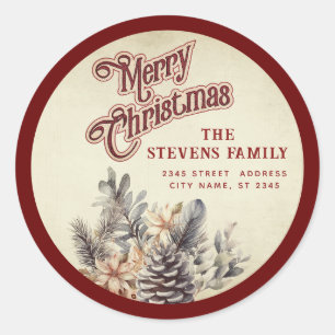Modern script Merry Christmas pine cone floral Classic Round Sticker