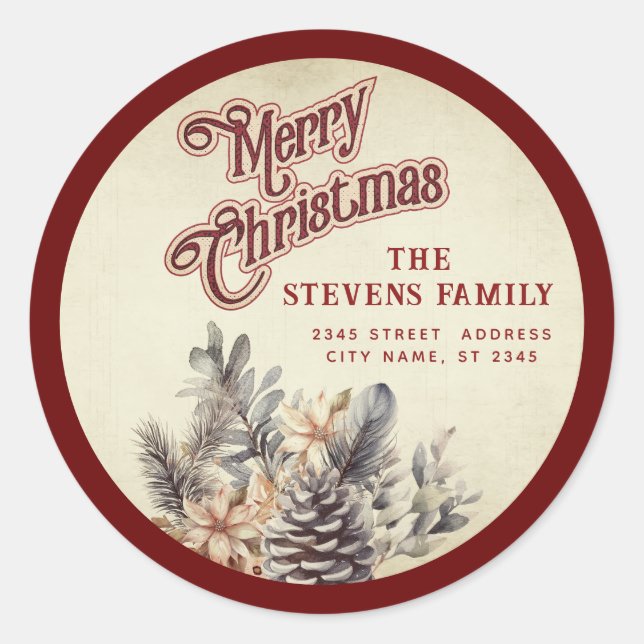 Modern script Merry Christmas pine cone floral Classic Round Sticker (Front)