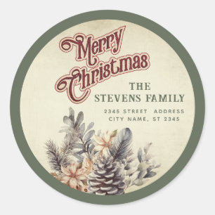 Modern script Merry Christmas pine cone floral Classic Round Sticker