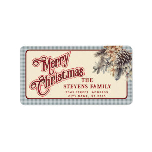 Modern script Merry Christmas pine cone floral Label