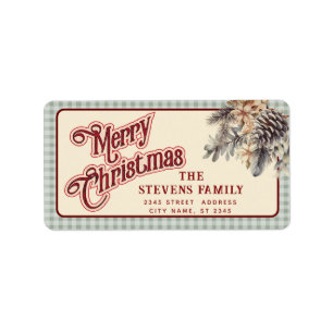 Modern script Merry Christmas pine cone floral Label