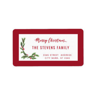 Modern script Merry Christmas red holly  Label