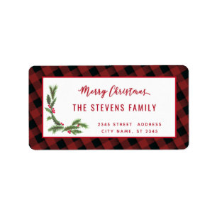 Modern script Merry Christmas red plaid holly Labe Label