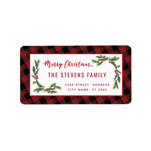  Modern script Merry Christmas red plaid holly Label (Front)