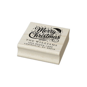 Modern Script Merry Christmas Return Address Rubber Stamp