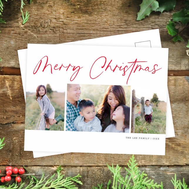 Modern Script Merry Christmas Three Photo Holiday Postcard (Creator Uploaded)