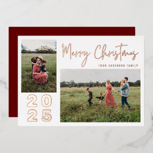 Modern Script Merry Christmas Two Family Photo Red