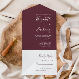 Modern Script Minimal Burgundy Wedding All In One Invitation
