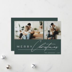 Modern Script Minimal Photo Green Merry Christmas Holiday Card