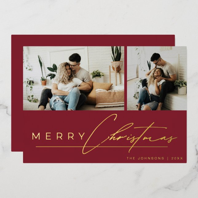 Modern Script Minimal Photo Red Merry Christmas (Front/Back)