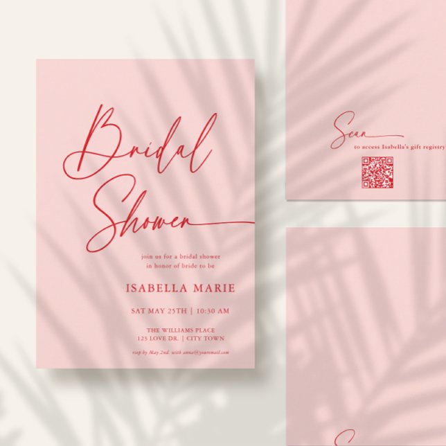 Modern Script MInimal Pink Red Bridal Shower Invitation (Front and back of bridal invitation shown in 5x7 inches. Choose size, corner + paper type.)