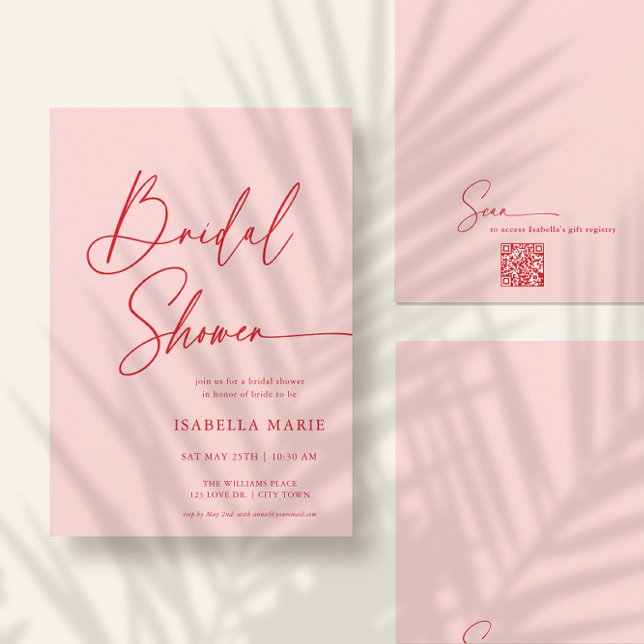 Modern Script MInimal Pink Red Bridal Shower Invitation (Front and back of bridal invitation shown in 5x7 inches. Choose size, corner + paper type.)