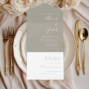 Modern Script Minimal Sage Green Wedding All In One Invitation