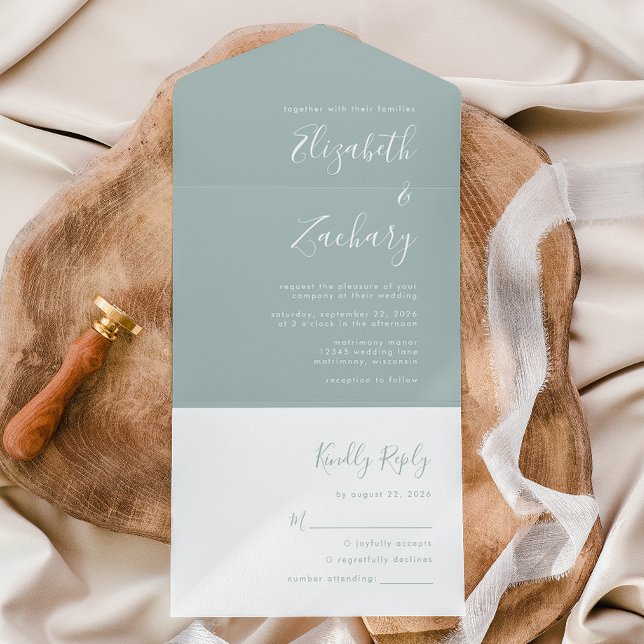 Modern Script Minimal Sea Glass Wedding All In One Invitation (Creator Uploaded)