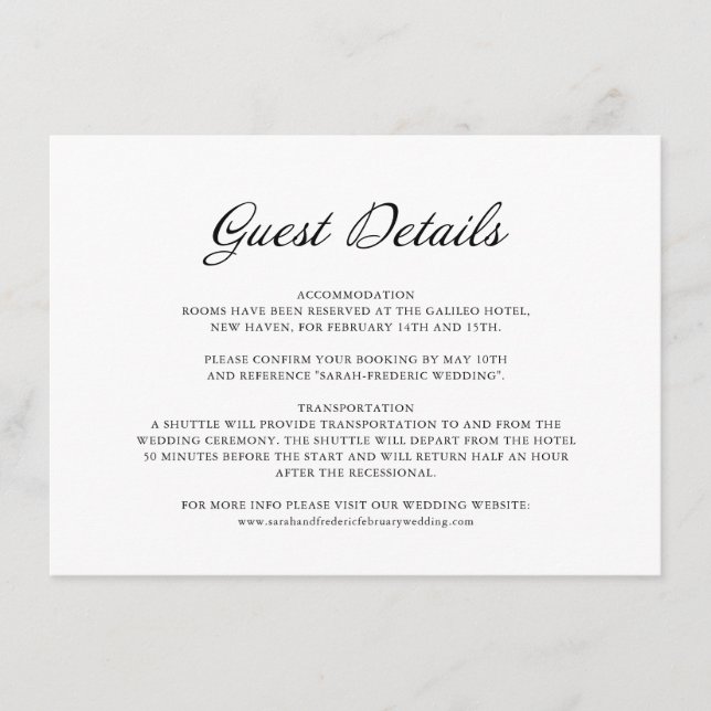 Modern Script Minimal White Wedding Guest Details Enclosure Card (Front)