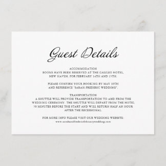Modern Script Minimal White Wedding Guest Details Enclosure Card