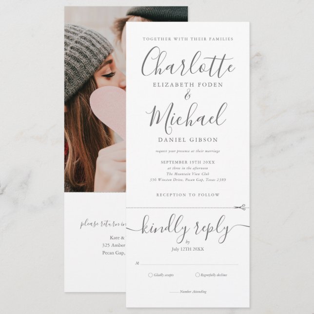 Modern Script Minimalist All In One Photo Wedding  Invitation (Front/Back)