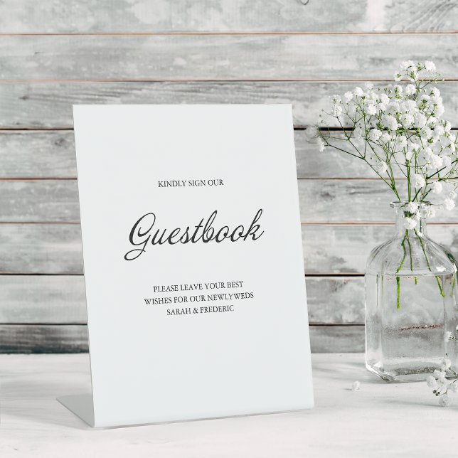 Modern Script Minimalist Guestbook White Wedding Pedestal Sign (Creator Uploaded)