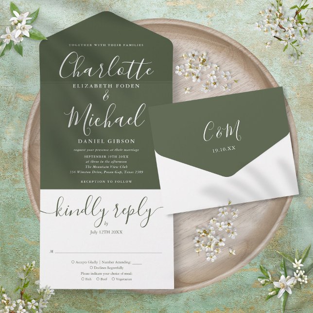 Modern Script Minimalist Olive Green Wedding All In One Invitation (Modern Script Minimalist Olive Green Wedding All In One Invitation)