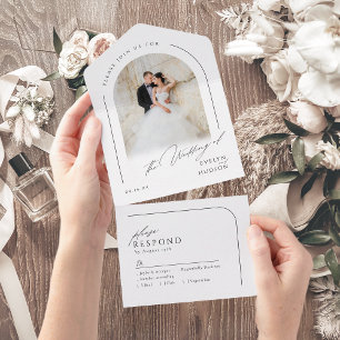 Modern Script Minimalist Photo Arch Wedding All In One Invitation