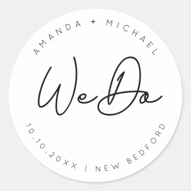 Modern Script Minimalist Wedding Classic Round Sticker (Front)