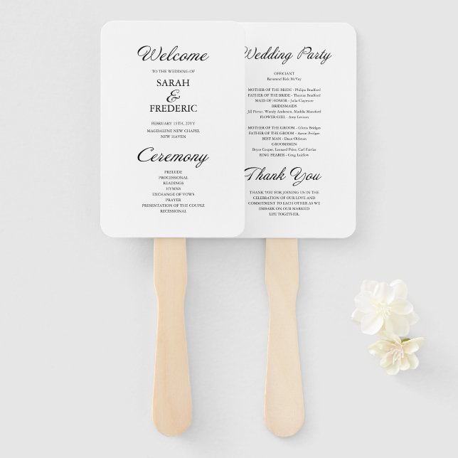 Modern Script Minimalist White Wedding Program Hand Fan (Front and Back)