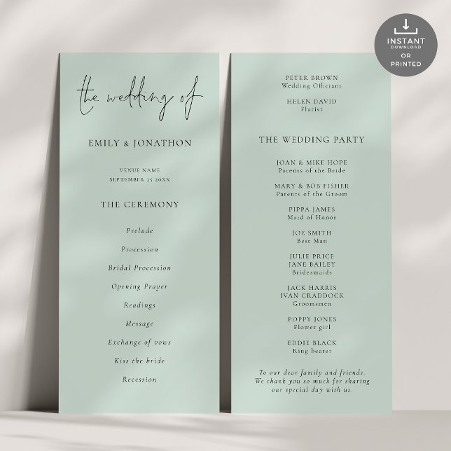 Modern Script Mint Green Wedding Program Invitation (Front and back view)